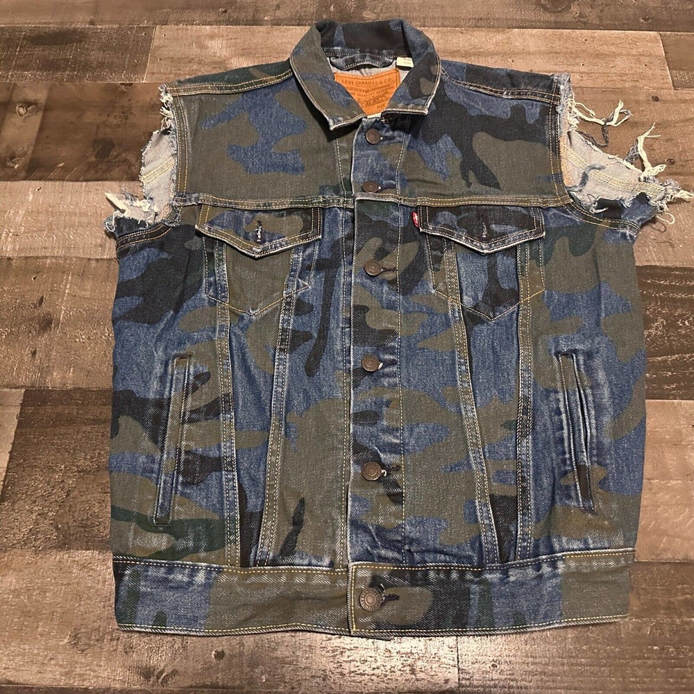 LEVIS Camo Vest Cut Mens Small M Phalarope Trucker Jean Big-E Denim Blue Green